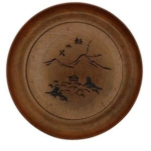 Vintage Japanese Hand Carved‎ 6" Small Round Wood Tray Stylish Home Decor HG4-82